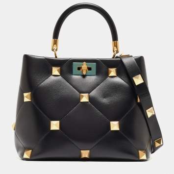 Pre Owned Valentino Black Quilted Leather Medium Roman Stud Top Handle Bag