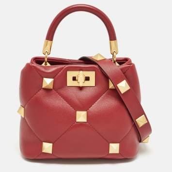 Pre Owned Valentino Burgundy Leather Small Roman Stud Top Handle Bag