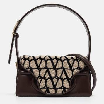 Pre Owned Valentino Brown/Beige Iconographe Canvas and Leather Le Petite Deuxième Top Handle Bag