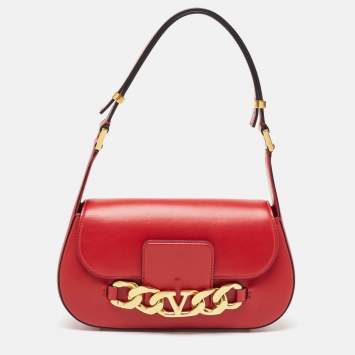 Pre Owned Valentino Red Leather Vlogo Chain Hobo