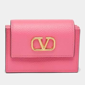 Pre Owned Valentino Pink Leather VLogo Gusset Card Case