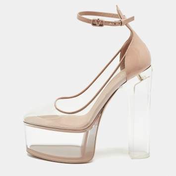 Pre Owned Valentino Beige/Transparent PVC and Leather Platform Pumps Size 38.5  