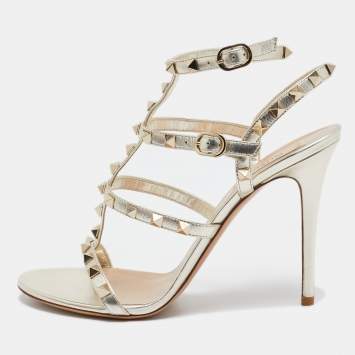 Pre Owned Valentino Gold Leather Rockstud Ankle Strap Sandals Size 39.5