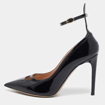 Pre Owned Valentino Black Patent Leather Ankle Cuff Pointed Toe Pumps Size 37.5