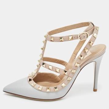 Pre Owned Valentino Grey/Dusty Pink Leather Rockstud Ankle Strap Pumps Size 35.5