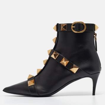Pre Owned Valentino Black Leather Stud Ankle Boots Size 38.5