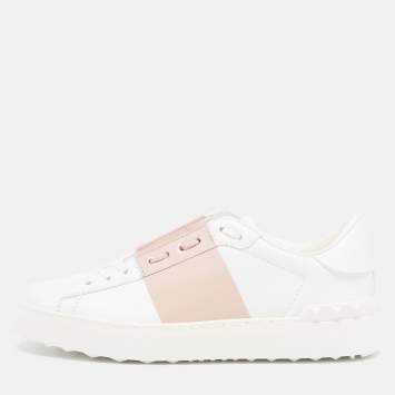 Pre Owned Valentino White/Beige Leather Rockstud Low Top Sneakers Size 38