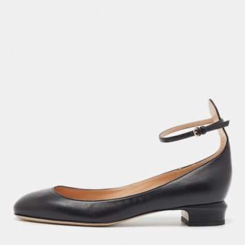 Pre Owned Valentino Black Leather Ankle Strap Ballet Flats Size 39
