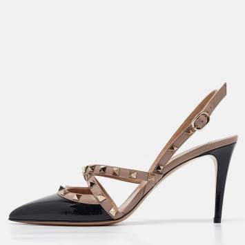 Pre Owned Valentino Black/Beige Leather and Patent Rockstud Pumps Size 39.5