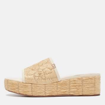 Pre Owned Valentino Beige/Cream Leather and Raffia Wedge Sandals Size 39