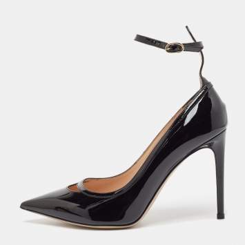 Pre Owned Valentino Black Patent Leather Ankle Strap Pumps Size 38.5