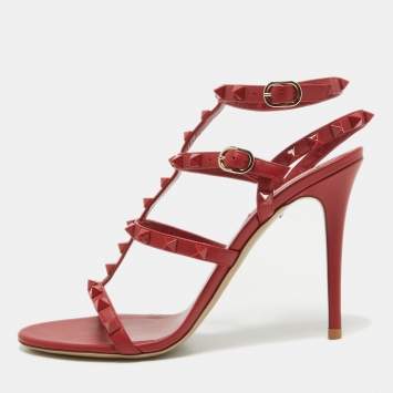 Pre Owned Valentino Red Leather Rockstud Ankle Strap Sandals Size 39.5
