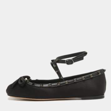 Pre Owned Valentino Black Satin Rockstud Bow Ballet Flats Size 38