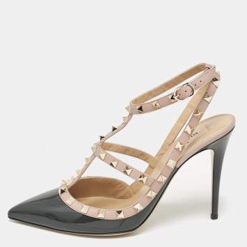 Pre Owned Valentino Beige/Grey Leather and Patent Leather Rockstud Pumps  Size 41