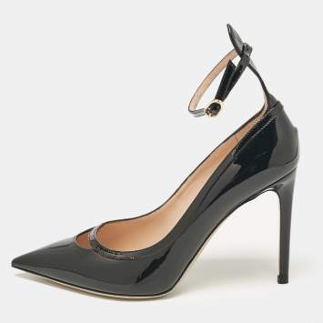 Pre Owned Valentino Black Patent Leather Pointed Toe Ankle Strap Pumps Size 37
