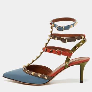 Pre Owned Valentino Multicolor Leather Rockstud Ankle Strap Pumps Size 39
