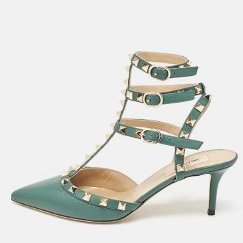 Pre Owned Valentino Green Leather Rockstud Caged Pumps Size 37.5