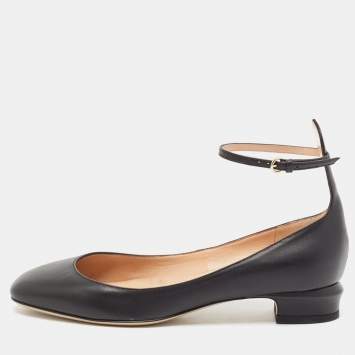 Pre Owned Valentino Black Leather Tango Ankle Strap Flats Size 37.5