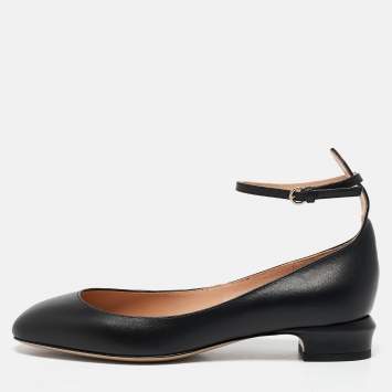 Pre Owned Valentino Black Leather Tango Ankle Strap Flats Size 37