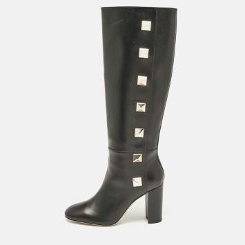Pre Owned Valentino Black Leather Rockstud Knee Length Boots Size 40
