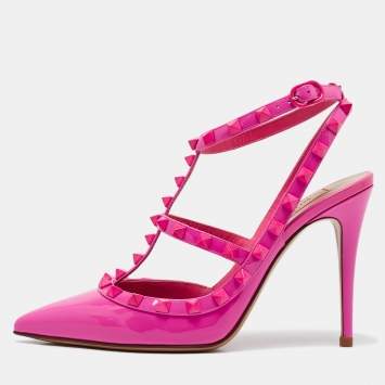 Pre Owned Valentino Fuchsia Patent Leather Rockstud Caged Pumps Size 38