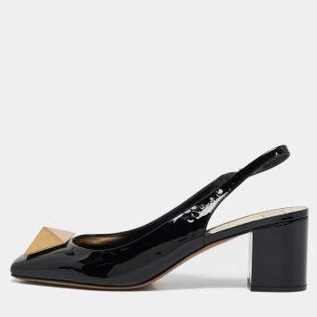 Pre Owned Valentino Black Patent Leather One Stud Block Heel Slingback Pumps Size 40