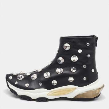 Pre Owned Valentino Black Leather Crystal Embellished High Top Sneakers Size 38.5