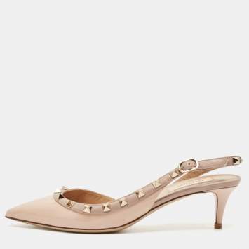 Pre Owned Valentino Beige Patent and Leather Rockstud Slingback Pumps Size 38