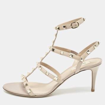 Pre Owned Valentino Beige Leather and Patent Leather Rockstud Ankle Strap Sandals Size 41