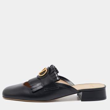 Pre Owned Valentino Black Leather VLogo Fringe Mules Size 41
