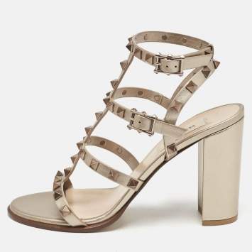 Pre Owned Valentino Metallic Beige Leather Rockstud Ankle Strap Sandals Size 38