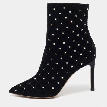 Pre Owned Valentino Black Quilted Velvet Rockstud Pointed Toe Ankle Length Boots Size 37