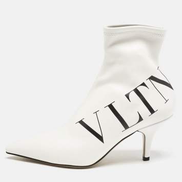 Pre Owned Valentino White Leather VLTN Sock Ankle Length Boots Size 37