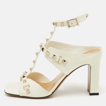 Pre Owned Valentino Ivory Leather Rockstud Ankle Strap Sandals Size 38