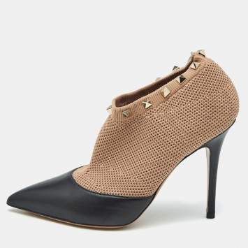 Pre Owned Valentino Beige/Black Leather and Knit Fabric Rockstud Ankle Length Boots Size 37