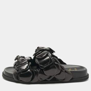 Valentino Black Leather 03 Rose Edition Atelier Flat Slides Size 36