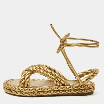 Valentino Gold Leather The Rope  Ankle Wrap Flat Sandals Size 36