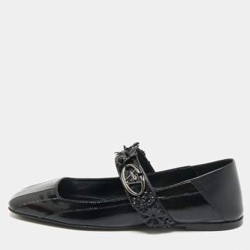 Pre Owned Valentino Black Eel Leather VLogo Locker Mary Jane Ballet Flats Size 39
