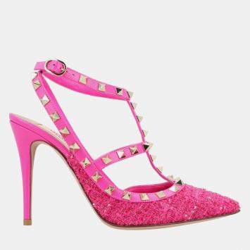 Pre Owned Valentino Caged 100 Tweed & Leather EU 38 Pink Pump