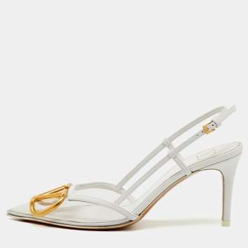 Pre Owned Valentino White/Transparent Leather and PVC VLogo Slingback Pumps Size 35