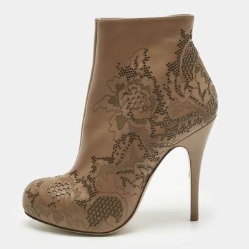Pre Owned Valentino Beige Laser Cut Leather Platform Ankle Booties Size 39.5