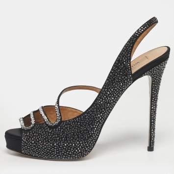 Pre Owned Valentino Black Suede Crystal Embellished Slingback Platform Sandals Size 40