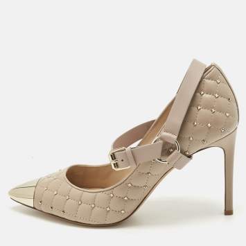 Pre Owned Valentino Dusty Pink Quilted Leather Rockstud Mary Jane Pumps Size 39