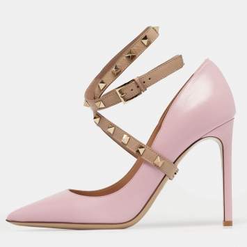 Pre Owned Valentino Pink/Beige Leather Rockstud Cross Over Wrap Pumps Size 38.5