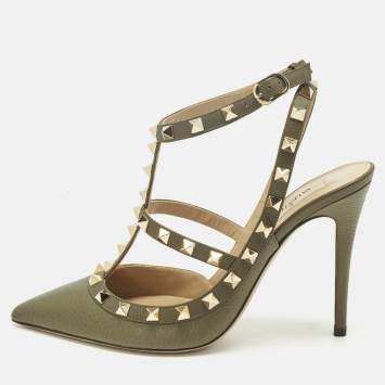 مملوكة مسبقًا Valentino Green Leather Rockstud Ankle Strap Pumps Size 38