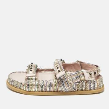 Pre Owned Valentino Rockstud Size 39 Multicolor Woven Straw Sngback Flat Sandals