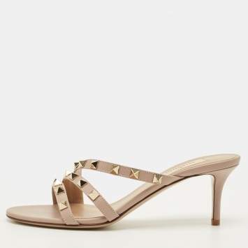 Pre Owned Valentino Rockstud Size 36 Beige Leather Slide Sandals