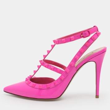  مملوكة مسبقًا حذاء كعب عالي فالنتينو روكستد جلد لامع وردي بحزام للكاحل مقاس 41