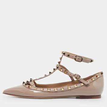 Pre Owned حذاء باليرينا فلات فالنتينو روكستد جلد وترتر باللون الذهبي الوردي مقاس 39.5