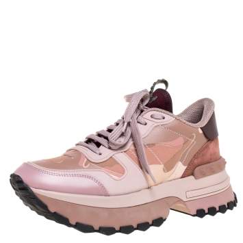 مملوكة مسبقًا Valentino Pink Camouflage Leather, Canvas and Suede Platform Sneakers Size 40